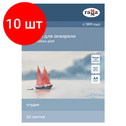 альбом для акварели а3 20л студия 200г м2 склейка гамма Комплект 10 шт, Альбом для акварели, 20л, А4, на склейке Гамма Студия, 200г/м2, среднее зерно