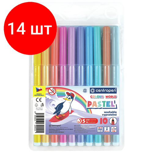 Комплект 14 шт, Фломастеры Centropen Colour World. Pastel, 10цв, 2мм, смываемые, блистер фломастеры смываемые centropen 10 цветов