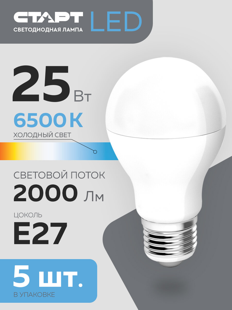 Набор ламп старт LEDGLSE27 25W 6500K, 5 шт.