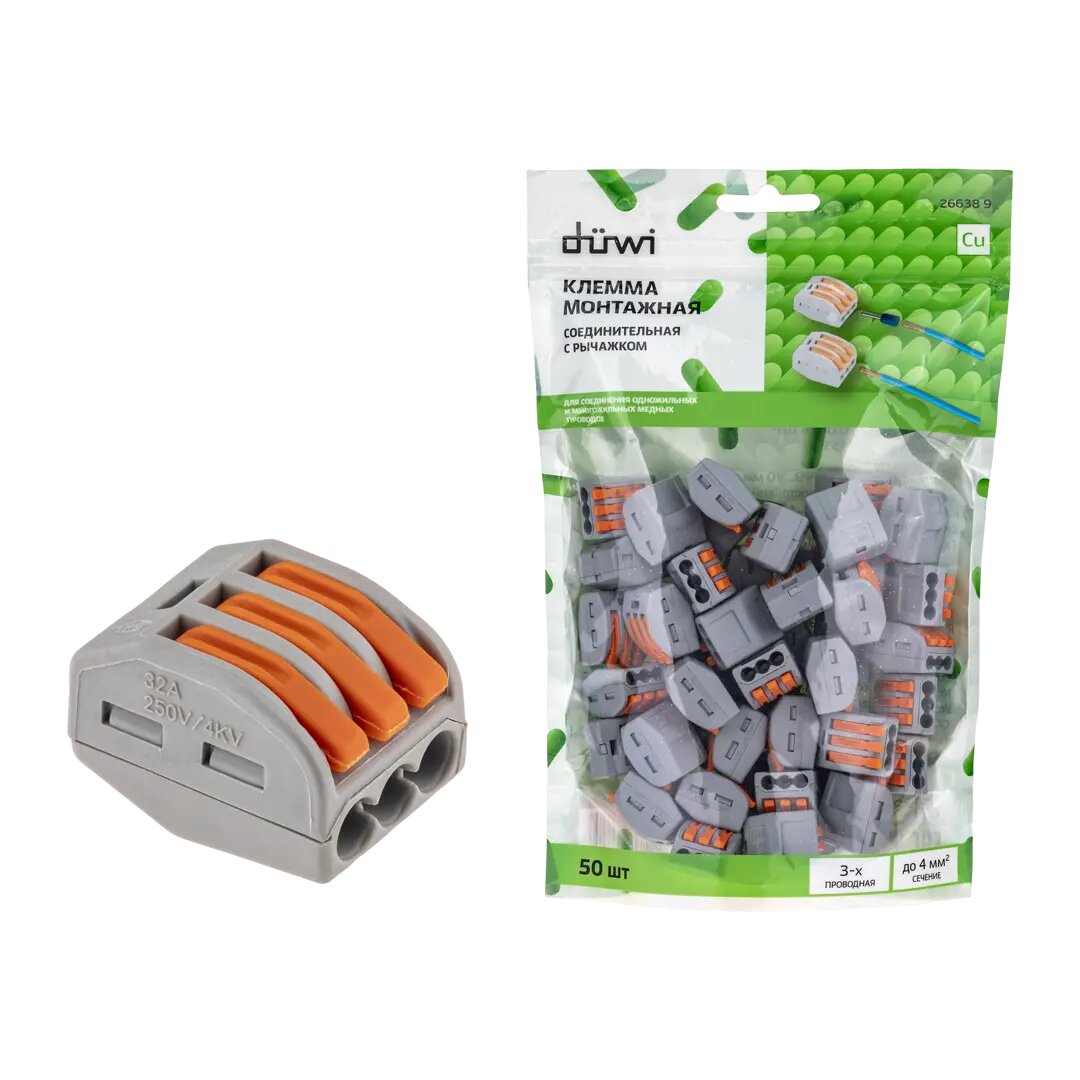 фото Клемма Duwi 222-413 3 разъема под провода полистирол 50 шт.