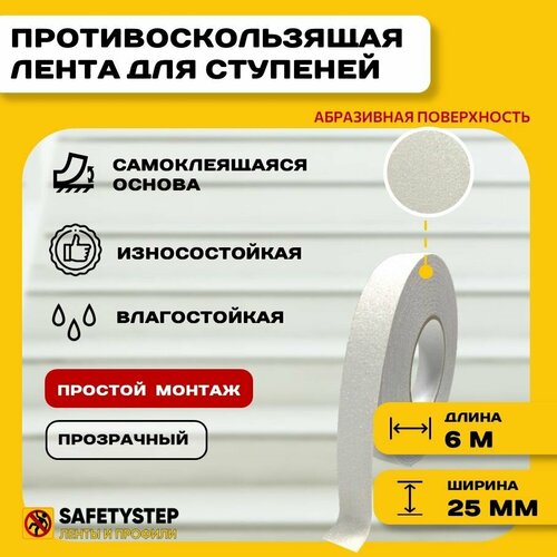 Противоскользящая лента Anti Slip Tape крупная зернистость 60 grit размер 25 мм х 6 метров цвет прозрачный SAFETYSTEP 390₽