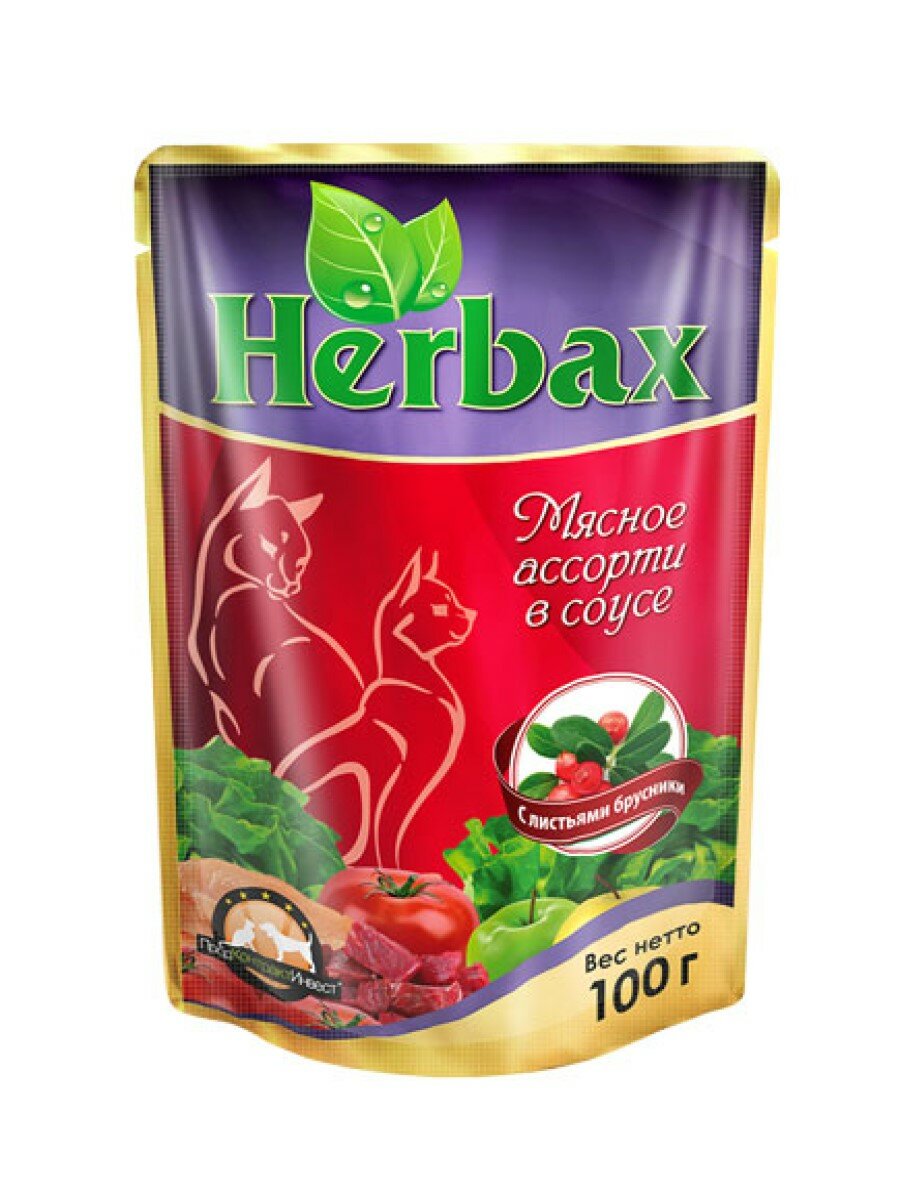 Herbax Паучи для кошек мясное ассорти в соусе с листьями брусники 100г 24шт