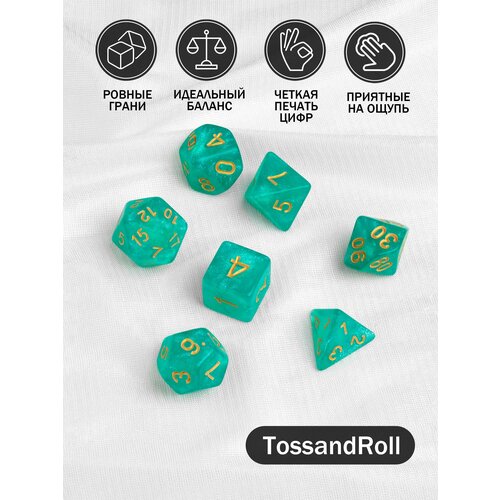 фото Кости игральные, дайсы, кубики для dnd (днд) 7 шт, изумрудный tossandroll