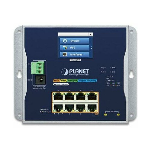 PLANET IP30, IPv6/IPv4, L2+ 8-Port 10/100/1000T 802.3at PoE + 2-Port 1G/2.5G SFP Wall-mount Managed Switch with LCD touch screen (-20~70 degrees C, du scbrhmi c series hmi smart lcd display module 10 1 with 4 wire resistance touch screen 20 000 hours backlight life