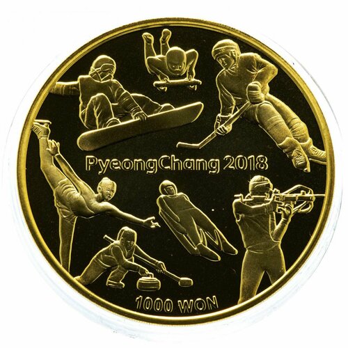 Монета 1000 вон Олимпийские игры 2018 в капсуле. Корея 2016 PF клуб нумизмат монета 5 вон северной кореи 2001 года серебро олимпийские игры в сиднее