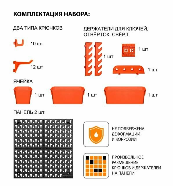 Панель навесная / настенный органайзер для инструментов, с наполнением (65,2*10*32,6см) черная — фото 3