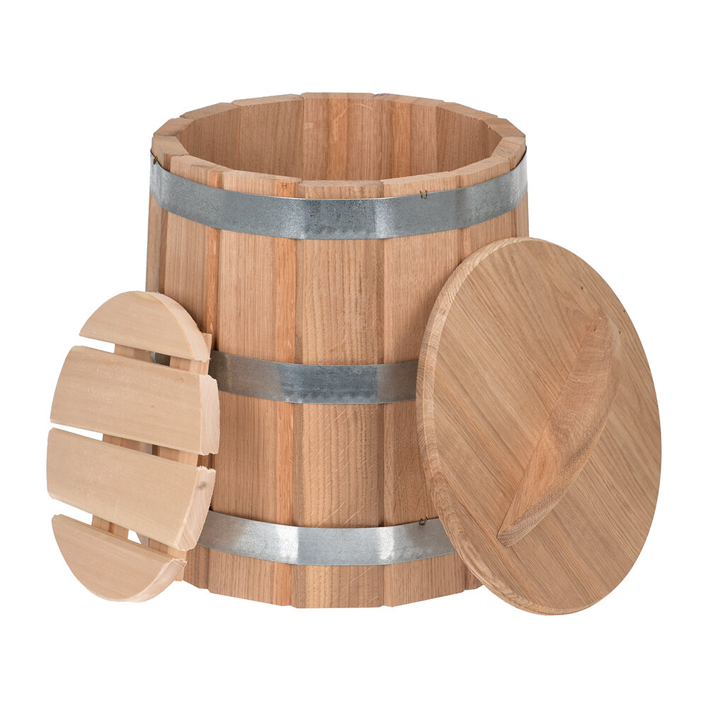 фото Кадка для воды и заготовки солений, 15 л, с крышкой и гнётом, дуб