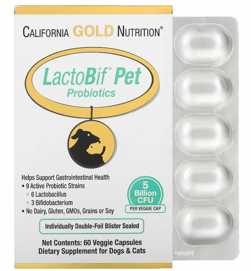 California Gold Nutrition, пробиотики LactoBif Pet, 5 млрд КОЕ, 60 капсул