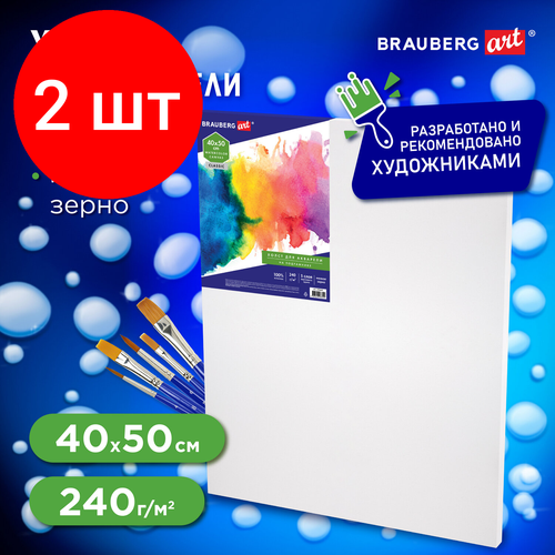 Комплект 2 шт, Холст на подрамнике акварельный BRAUBERG ART CLASSIC, 40х50, 240г/м, 100% хлопок, мелкое зерно 191669