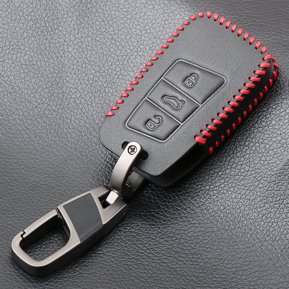 Кожаный чехол на смарт ключ Volkswagen Passat (B8) Tiguan Teramont (Classic красная нить)
