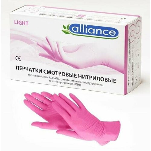 Перчатки Alliance одноразовые нитриловые розовые размер S, 50 пар