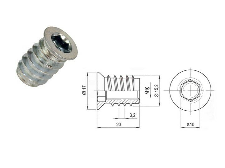 Изображение Футорки мебельные M10х20мм (10шт) стальные, ввёртные, под шестигранник