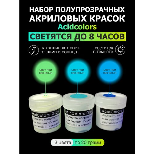 Набор светящихся в темноте акриловых красок AcidColors Luminescent для творчества 3 цвета х 20г (60г)