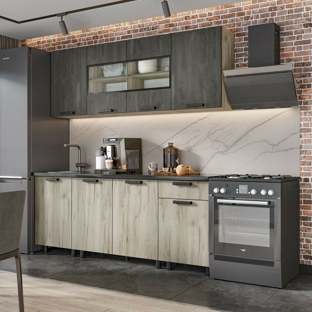 Кухонный гарнитур Эдинбург 2.0 метра со столешницей в комплекте ЛДСП цвет- дуб крафт серый железный камень.