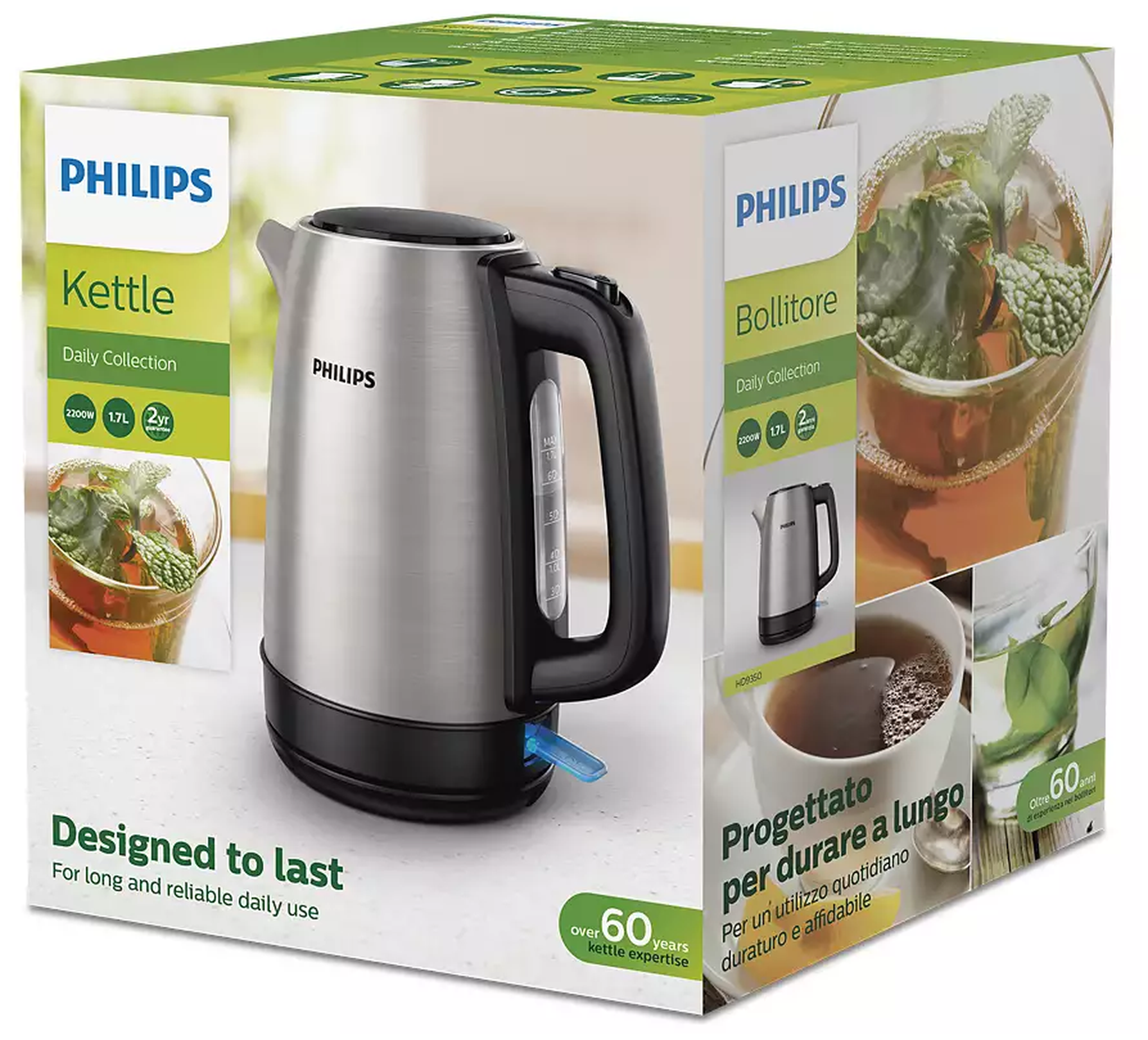 Электрочайник Philips HD9350/90, плоский нагревательный элемент, 2200Вт, нержавеющая сталь — фото 1