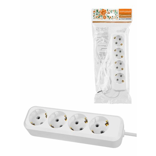 Удлинитель сетевой 4 розетки 10 метров с заземлением 16 А 3680 Вт белый Народный 967₽