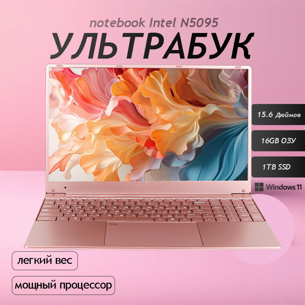 Ноутбук, Intel Celeron N5095, 16GB RAM, SSD 1TB, Intel UHD Graphics Розовый золото