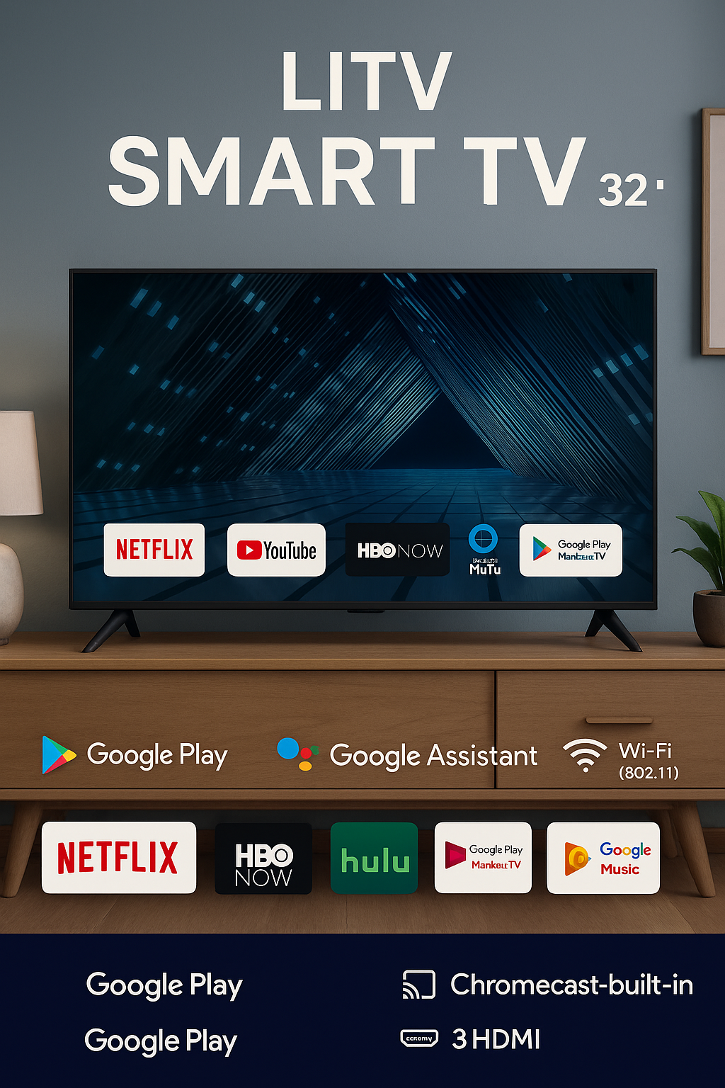 Телевизор LiTV Smart TV 32, головое управление, google ассистент