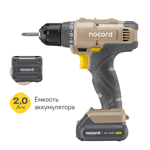Аккумуляторная дрель-шуруповерт Nocord 12В 2х2 Ач Li-Ion 30 нм в кейсе NCD-12220A 4840₽