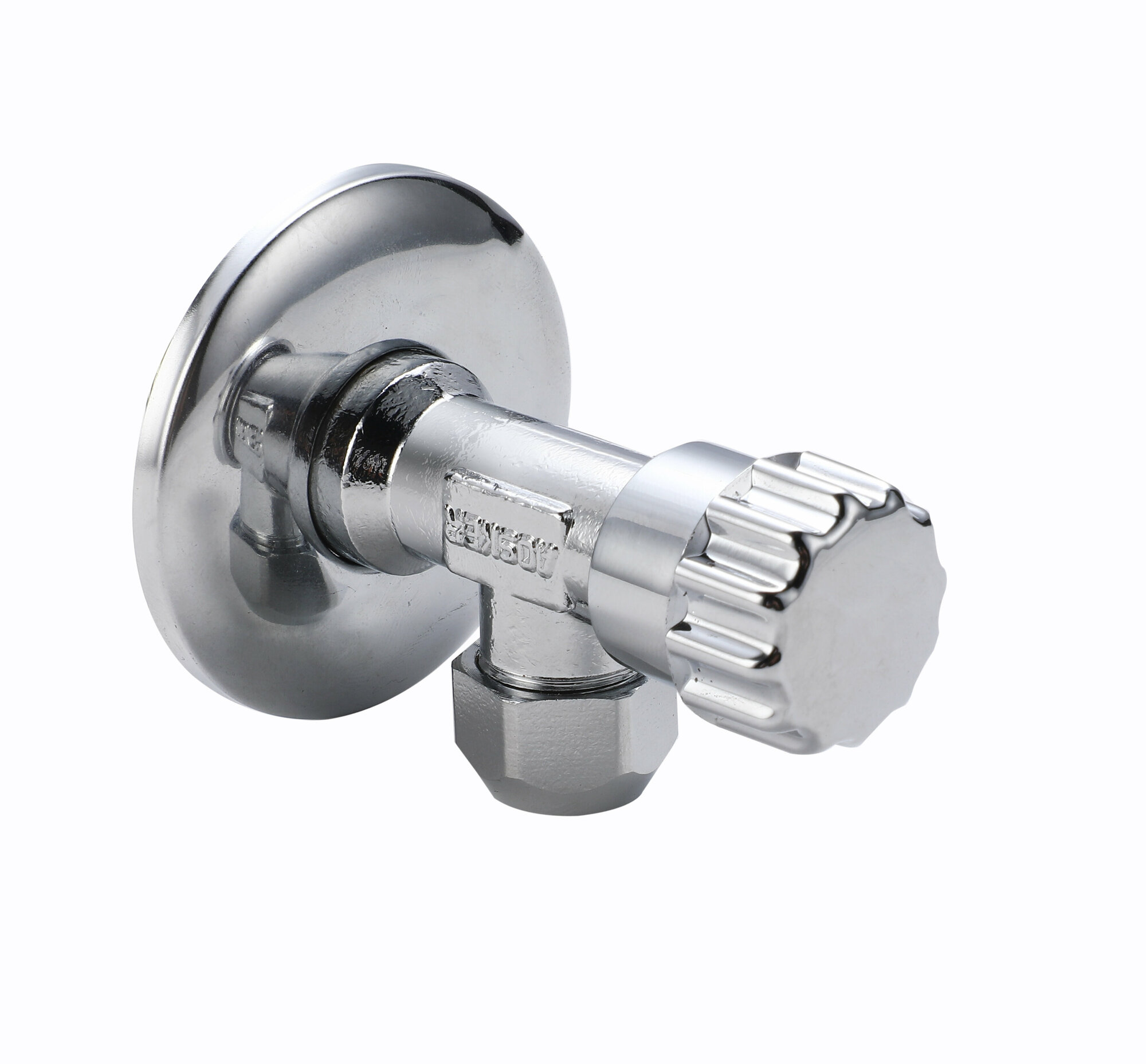 фото Кран угловой с цангой для смесителей, хромированный, в комплекте с декоративной чашкой, AOSKER 0111.1510 1/2"х10 мм НР