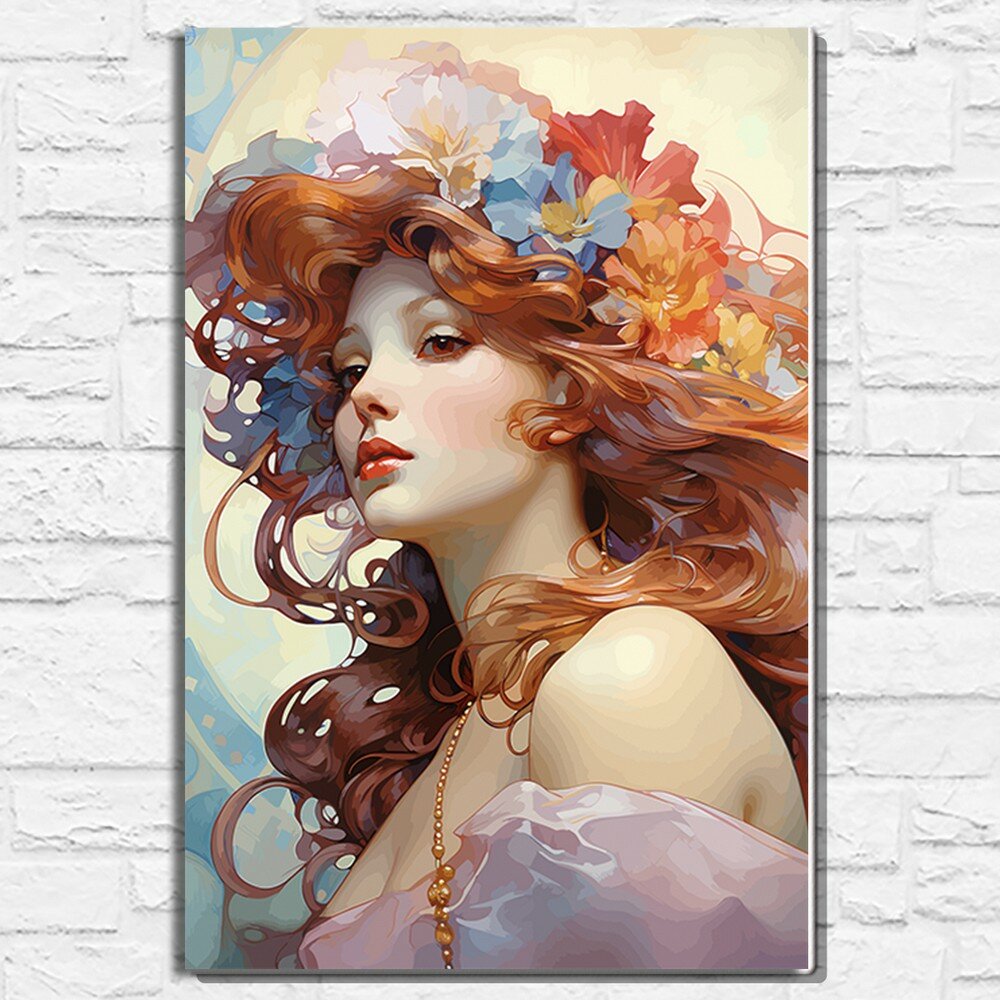Картина по номерам на холсте девушка (осень, цветы, женщина, Альфонс Муха) - 12570 В 60x40