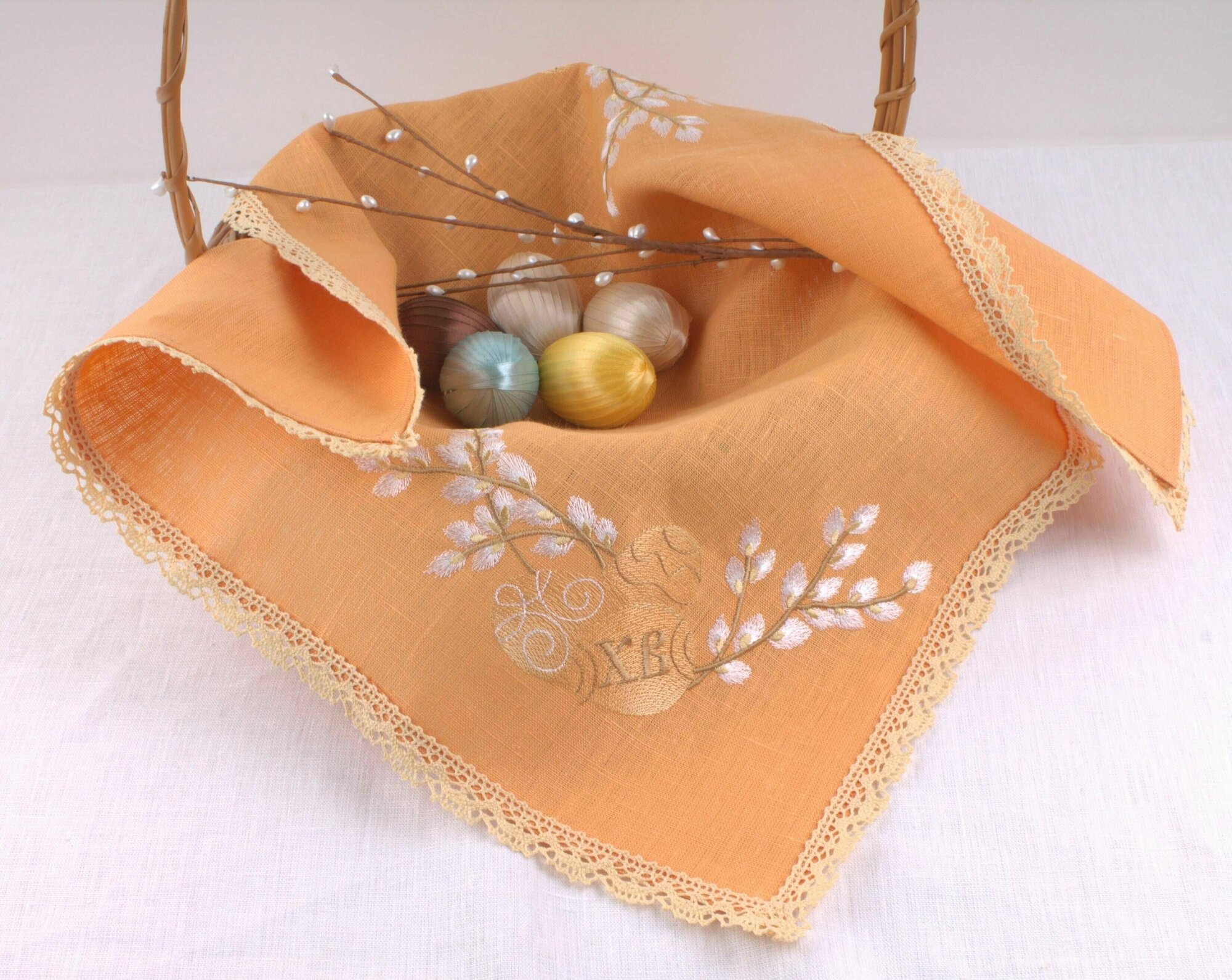 Декоративная пасхальная салфетка "Вербочка", 55х55см, лён, вышивка