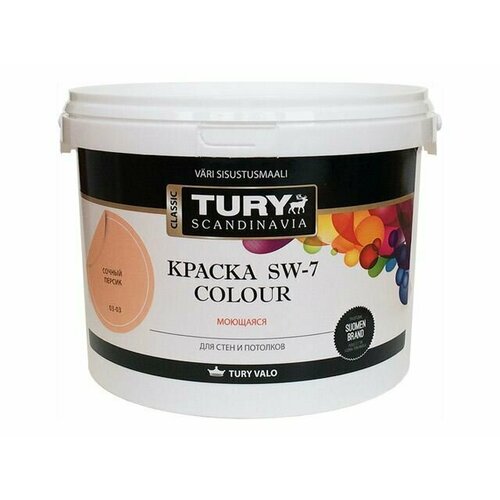 Краска акриловая TURY SW-7 Colour для стен и потолков моющаяся 2,4кг сочный персик, арт. КрВДSW72,4СП акриловая моющаяся краска little greene intelligent satinwood в цвете 118 dark lead colour 2 5 л