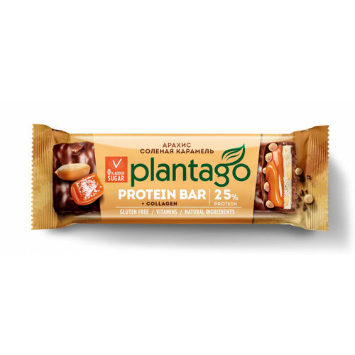 фото Батончик plantago с высоким содержанием белка глазированный crunch арахис-солёная карамель 25% протеина с коллагеном и витаминным комплексом