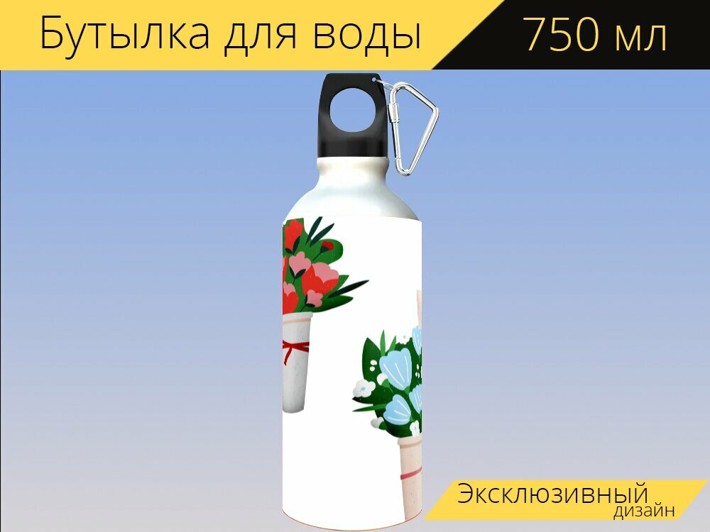 Бутылка фляга для воды "Букет цветов, цветы, цветочный горшок" 750 мл. с карабином и принтом