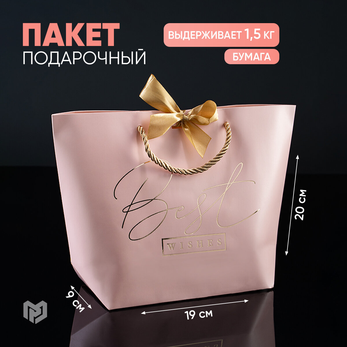 Пакет подарочный с бантом «Best wishes», 19 х 20 х 9 см