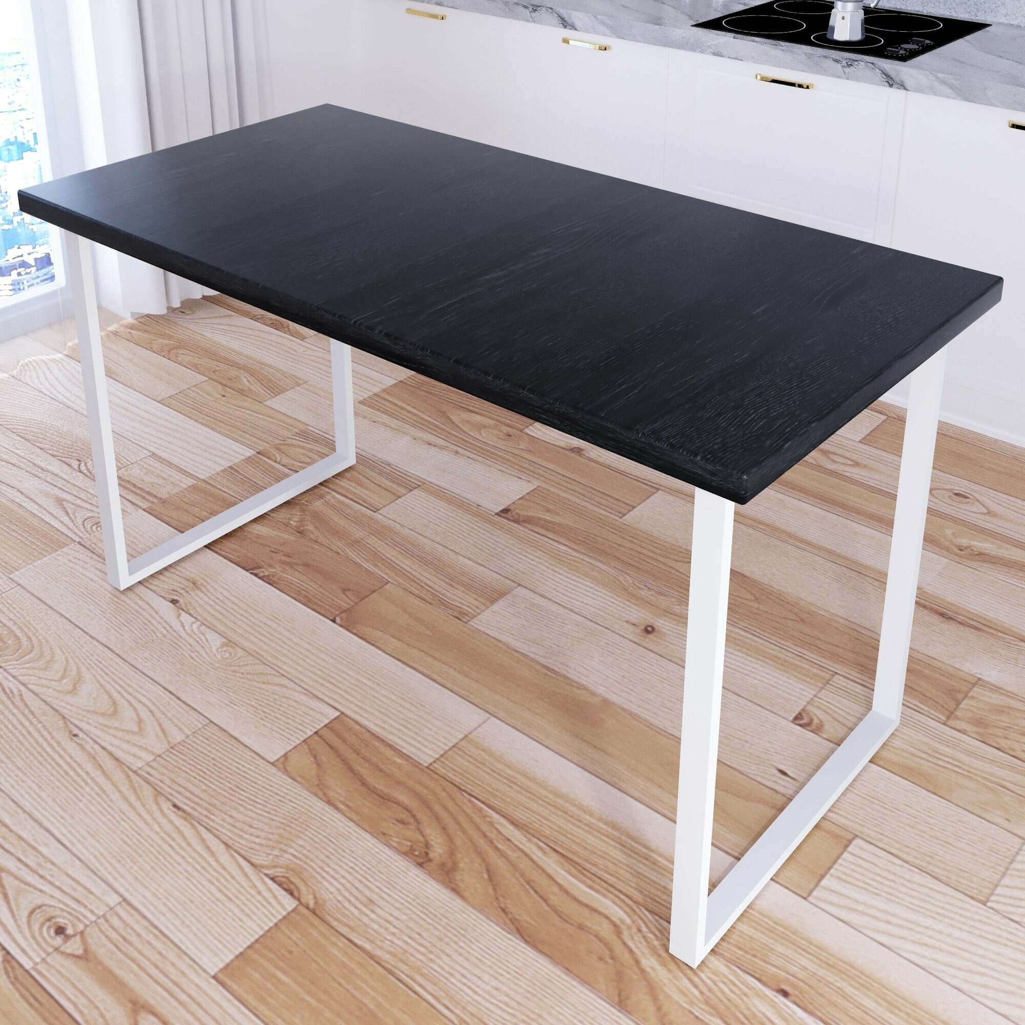 Стол кухонный Loft со столешницей цвета черного оникса из массива сосны 40 мм и белыми металлическими ножками 140х60х75 см
