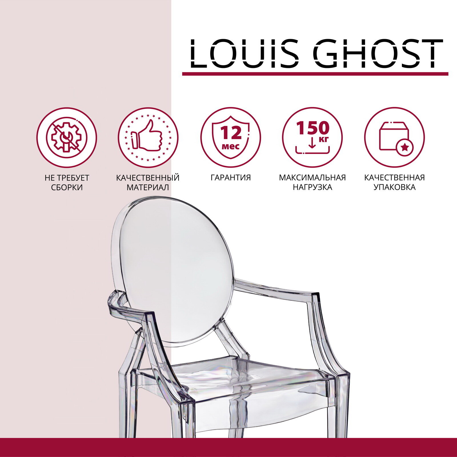 Стул кухонный пластиковый со спинкой Louis Ghost прозрачный