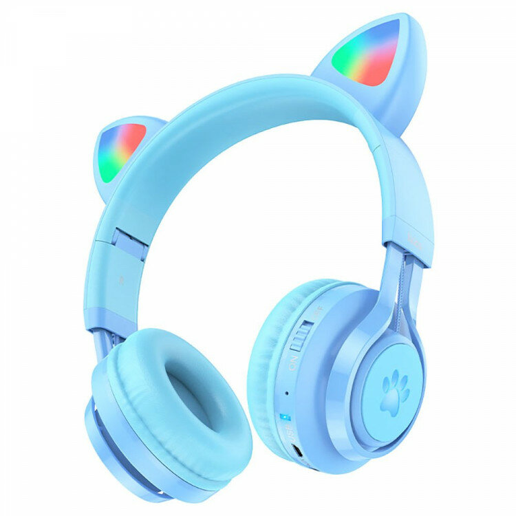 Bluetooth гарнитура Hoco W39 Cat Ear Kids, BT 5.3, AUX, 400мАч, накладные с ушками, подсветка, детские, синие