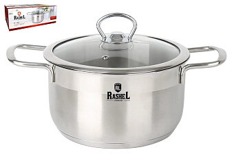 Кастрюля RASHEL Гретта 2,0л нерж, со стекл. крышкой, 16*10,5см R-20