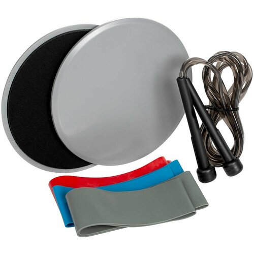Набор для фитнеса GymBo, серый, фитнес-диски: диаметр 17,5, высота 1,2 см; скакалка: шнур 0,5х245 см; ленты: 31х5 см, мешочек для лент: 15х22 см, лен