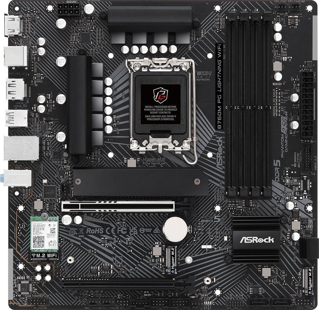 Материнская плата Asrock B760M PG LIGHTNING WIFI Soc-1700 Intel B760 4xDDR5 mATX AC`97 8ch(7.1) 2.5Gg RAID+HDMI+DP