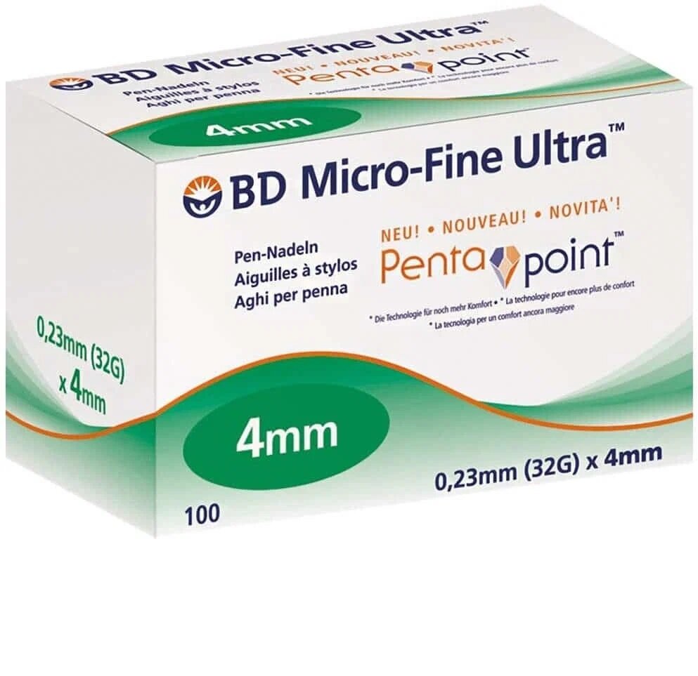 Изображение Иглы для инсулиновых шприц-ручек BD Micro-Fine Plus с заточкой Pentapoint 32G (0,23 x 4 мм) 100 штук