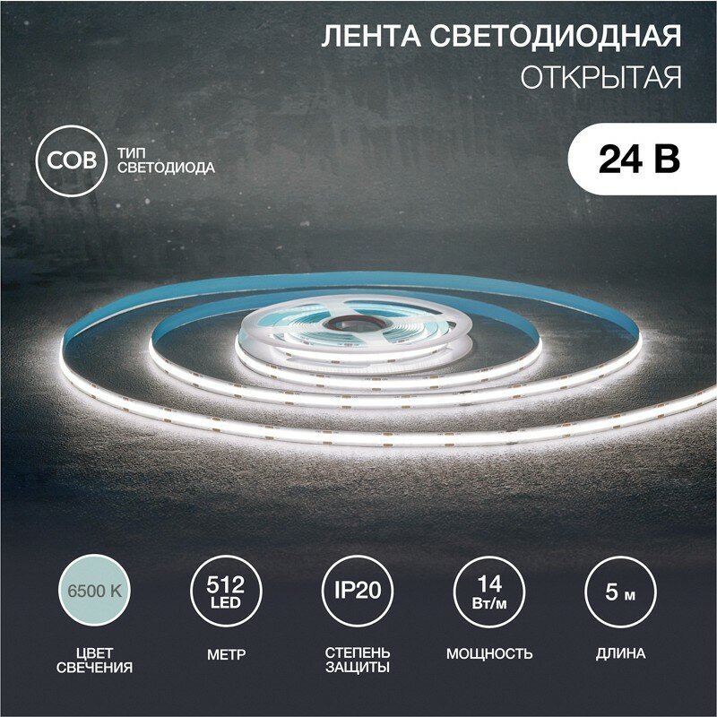 Лента светодиодная Rexant 24В, COB 14Вт/м, 512 LED/м, 6500К, 8мм, 5м, IP20 - фото №1