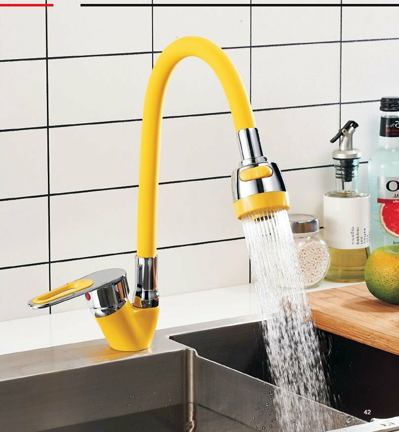 Смеситель для кухни Эверест B58-274B с гибким изливом, картридж 35 мм, жёлтый, крепление гайка