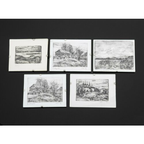 Комплект из 5 рисунков в рамах с изображением сельского пейзажа бумага 3060₽