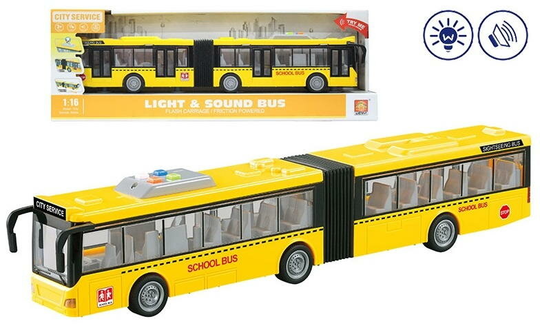 Автобус 1:16 инерционный на батарейках (свет, звук) желтый с