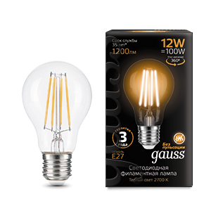 Лампа Gauss Filament А60 12W 1200lm 2700К Е27 LED 102902112