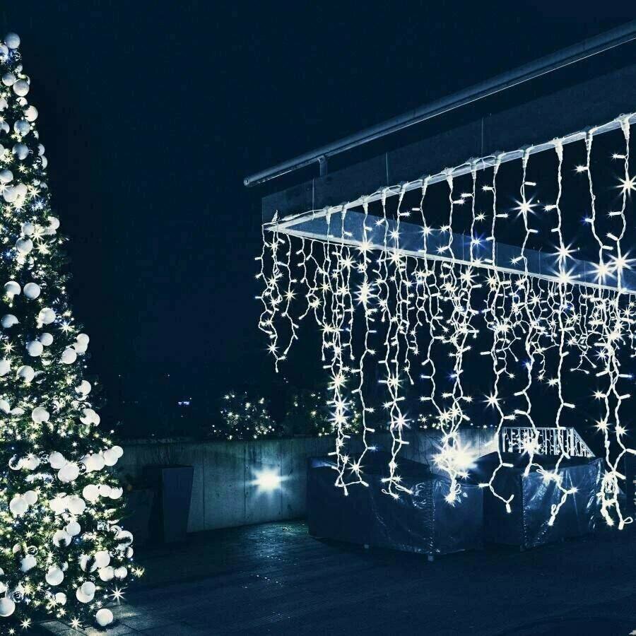 фото Электрогирлянда бахрома светодиодная 64 ламп холодный белый свет 1,8x0,5м, 8 режимов от сети