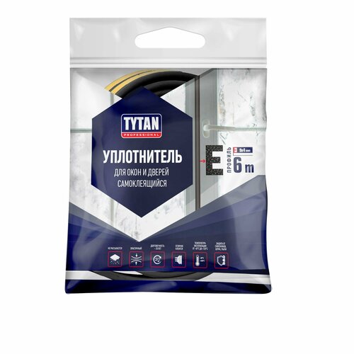 фото Уплотнитель для окон и дверей самоклеящийся tytan professional е-профиль 9х4мм , 6м черный