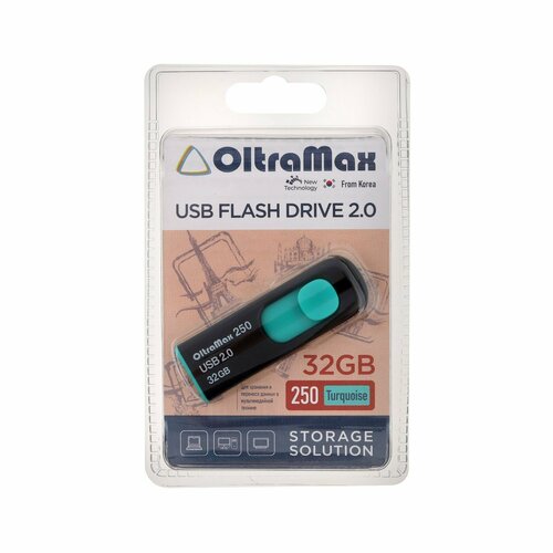 Флешка OltraMax 250, 32 Гб, USB2.0, чт до 15 Мб/с, зап до 8 Мб/с, бирюзовая флешка oltramax 250 64 гб usb2 0 чт до 15 мб с зап до 8 мб с бирюзовая
