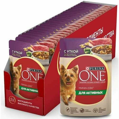 PURINA ONE мини Актив консервы для собак, с уткой, пастой и зеленая фасолью в подливе 26х85гр влажный корм для собак purina one с курицей морковью и зеленой фасолью в подливе 85 г