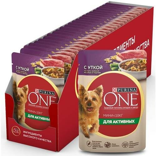 фото PURINA ONE мини Актив консервы для собак, с уткой, пастой и зеленая фасолью в подливе 26х85гр