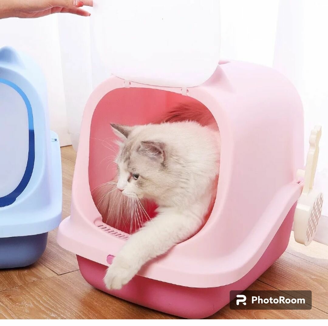Лоток для кошек закрытый большой с высоким бортом туалет/ 1шт/голубой - фотография № 4