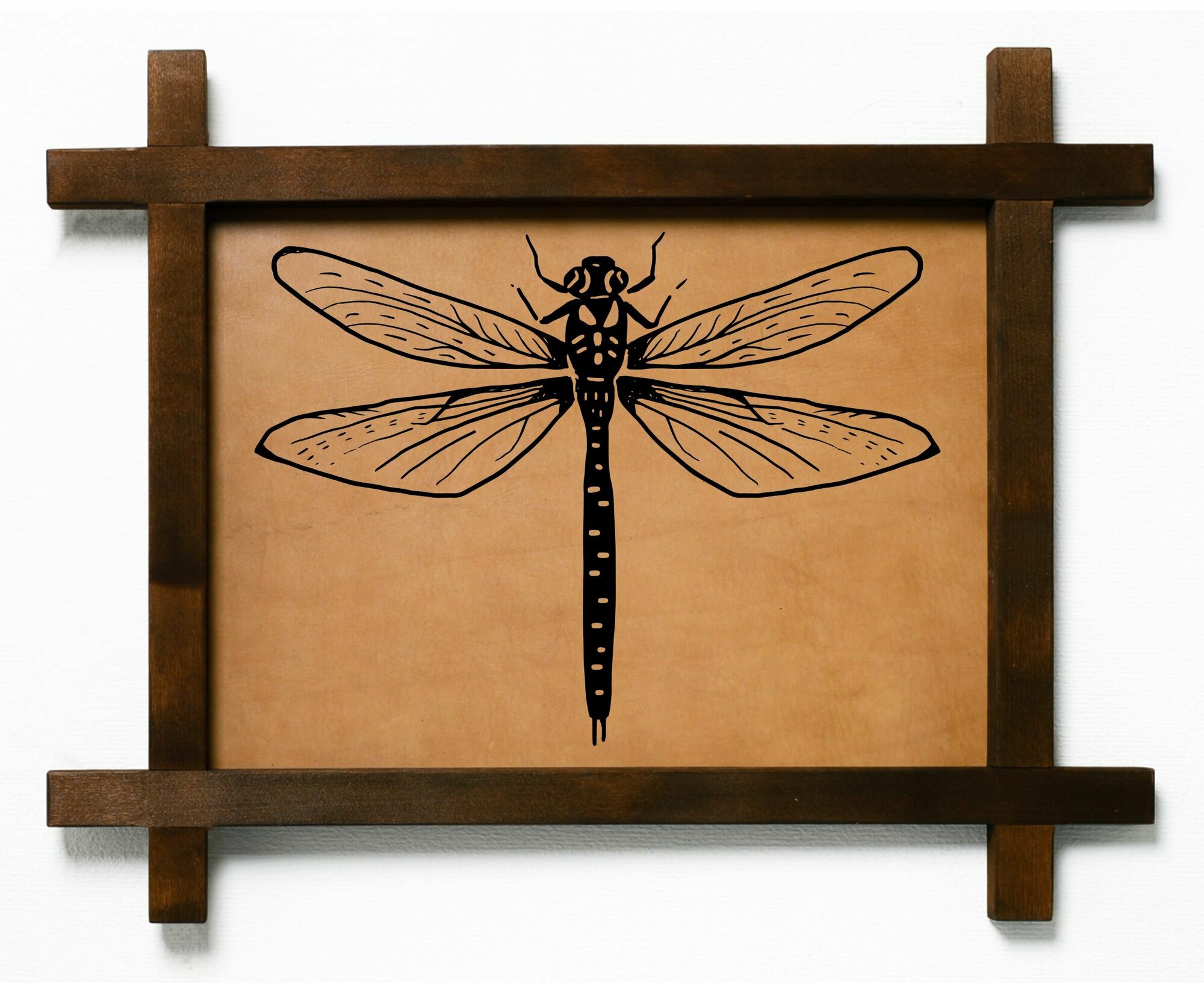 Картина Стрекоза гравировка на натуральной коже, интерьерная для украшения и декора на стену в деревянной раме, подарок, BoomGift