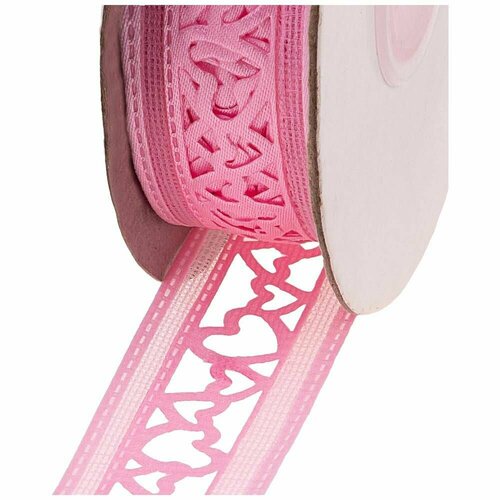 Лента атласная с выбитым рисунком сердца розовая ширина 22 см длина 135 м 3030₽